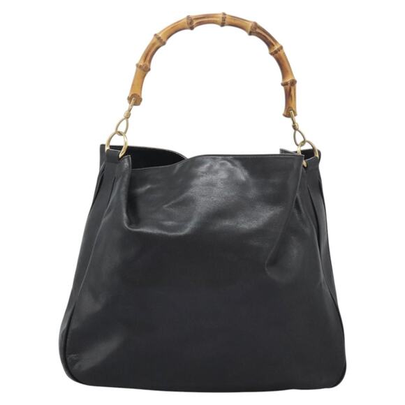 GUCCI Bamboo Hand Bag Leather Black Gold 001 1781 001 1781 - Picture 3 of 16